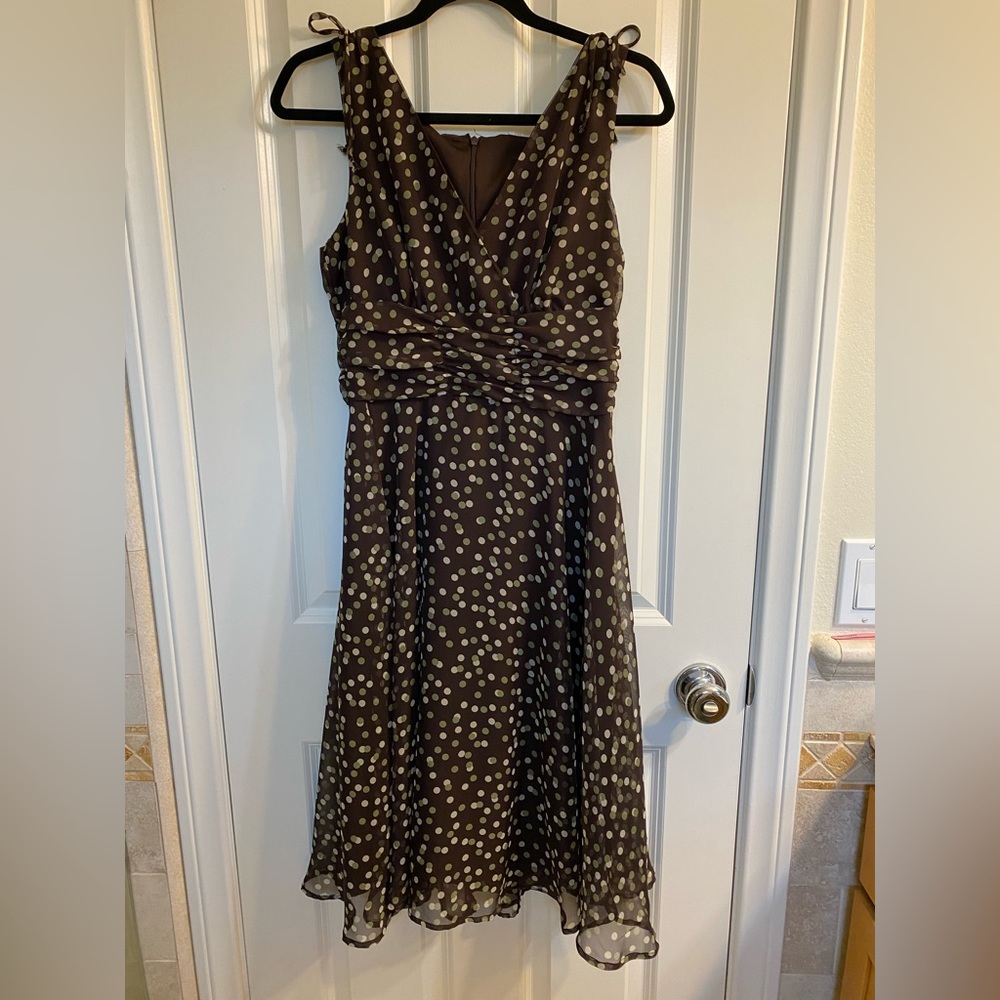Dress size 10 petite. Brown polka dot with ruched waist.